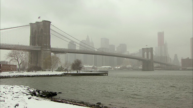 WS布鲁克林大桥和曼哈顿市中心天际线在下雪天/纽约，美国视频下载