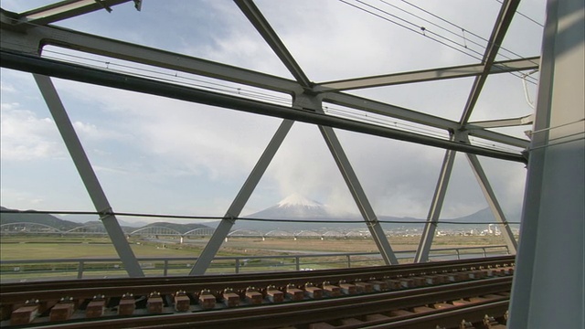 MS子弹头列车新干线过桥，背景是富士山/日本山梨县/山梨县视频素材