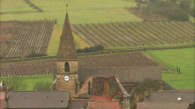 MS HA村庄房屋和教堂尖顶/勃艮第，法国视频下载