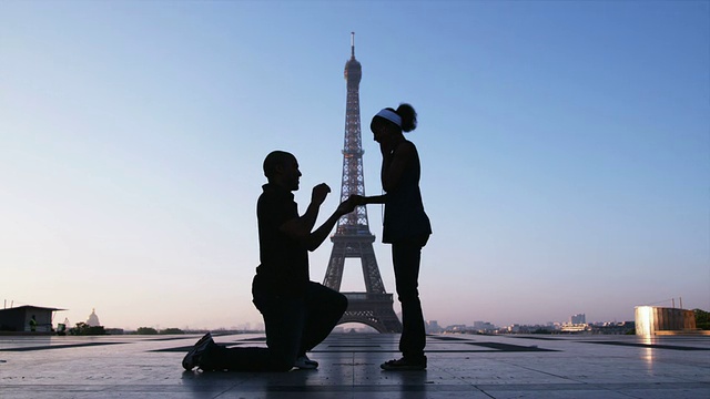 一个男人在埃菲尔铁塔前向一个女人求婚视频下载