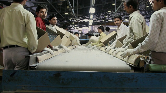 印度中央邦Surya Roshni Limited / Malanpur手工工人在传送带上挑选玻璃灯泡视频下载