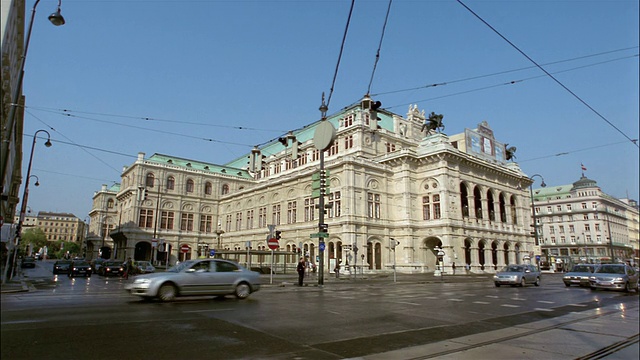 维也纳歌剧院前的宽阔镜头交通/维也纳，奥地利视频下载