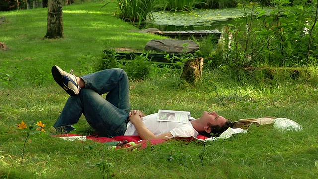 中景男子仰面躺在草地上/地图放在胸前视频素材