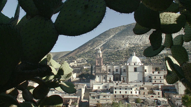 小镇和老教堂的景色，前景有仙人掌/ Real de Catorce, San Luis Potosi，墨西哥视频素材