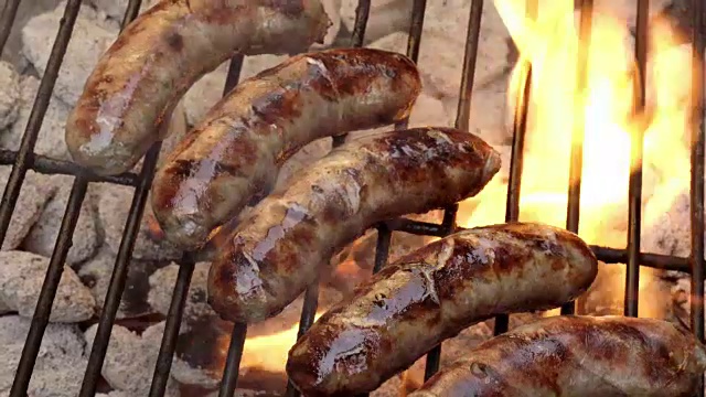 炙热的木炭烤架上的德式香肠视频下载