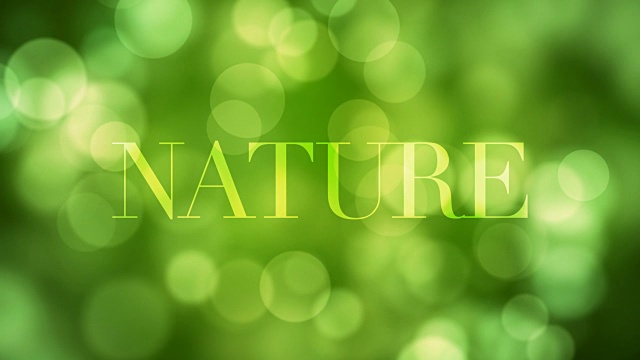 出现“自然”文本，一段时间后用移动的绿色闪烁灯溶解，散焦光反射在可循环的绿色散焦背景上。生命，春天，森林，如意概念视频视频下载