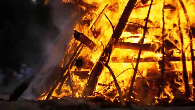 篝火的树枝在夜晚燃烧在森林中的人的背景视频素材