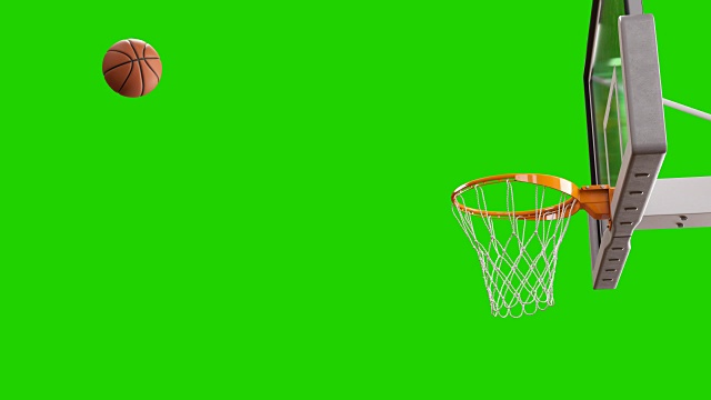 球在绿幕上以慢动作飞入篮筐。漂亮的职业篮球投篮。运动概念。3d动画4k超高清3840x2160。视频素材