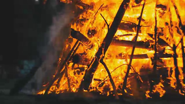 篝火的树枝在夜晚燃烧在森林中的人的背景视频素材