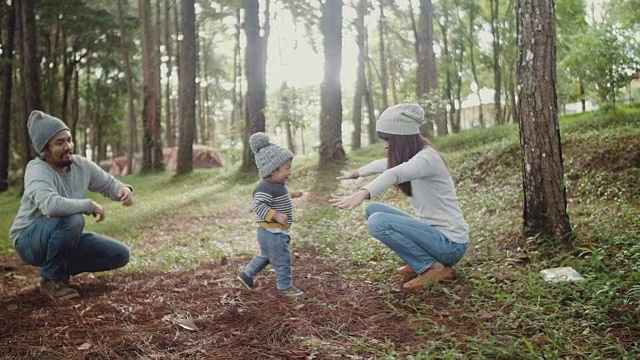 快乐的小男孩在森林的草地上迈出了他的第一步。视频素材