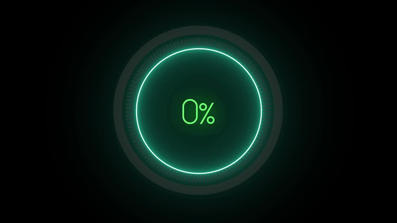 霓虹灯加载转移下载动画0-100%的绿色科学效果。视频购买