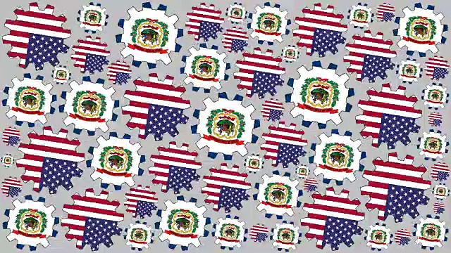 美国和西弗吉尼亚国旗齿轮旋转背景缩小视频下载