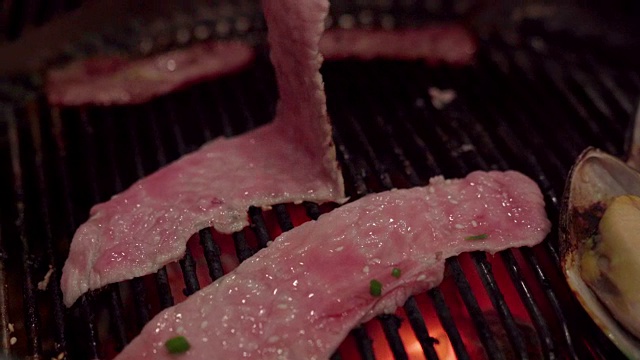 一盘牛肉和猪肉，配烧烤酱汁。烧烤yakiniku自助餐厅。视频素材