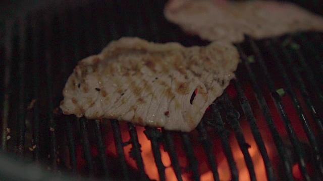 慢动作牛肉和猪肉在一个盘子和烤烧烤酱。烧烤yakiniku自助餐厅。视频素材