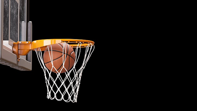 美丽的职业篮球投篮篮的慢镜头特写。球旋转着飞进篮筐，黑底绿幕。运动概念。3d动画Alpha Matte 4k超高清3840x2160。视频素材