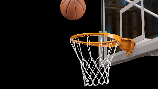 美丽的篮球打篮篮网慢镜头特写。球飞旋转到篮球圈黑色背景和绿色屏幕。运动概念。3d动画Alpha Matte 4k UHD 3840x2160。视频素材