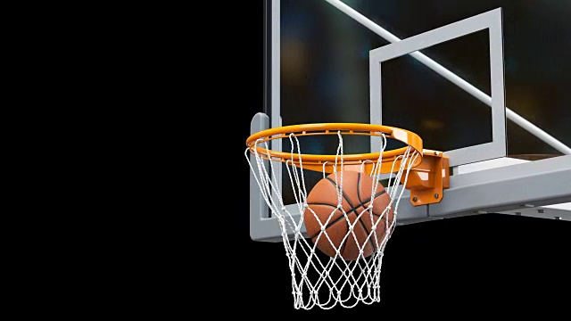 美丽的篮球打篮篮网慢镜头特写镜头飞。球旋转着飞进篮筐黑屏和绿屏。运动概念。3d动画Alpha Matte 4k UHD 3840x2160。视频素材