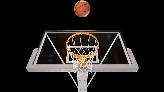 职业篮球投篮运动员的慢镜头。美丽的球飞进篮网黑色背景和绿色的掩护。运动概念。3d动画Alpha Matte 4k UHD 3840x2160。视频素材