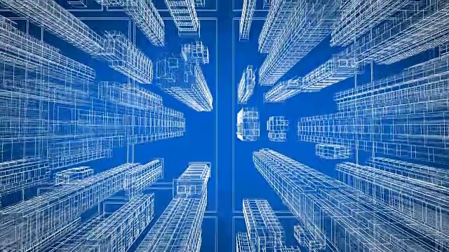美丽的现代城市移动通过数字3d蓝图鸟瞰图。施工与技术概念。蓝色3d动画循环，4k超高清3840x2160。视频素材