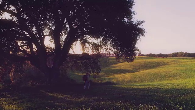 背着背包的女孩在日落时分的乡间漫步视频素材