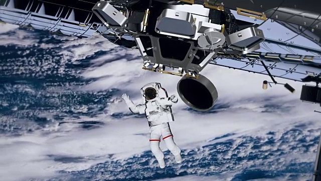 宇航员太空行走，在空地上挥手。国际空间站围绕地球大气层旋转。飓风在后面。视频下载