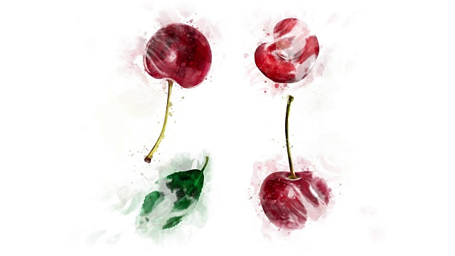 水彩画的樱桃在运动视频下载