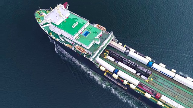 集装箱货轮的无人机视图，进出口业务的物流和国际船舶运输在公海。视频下载