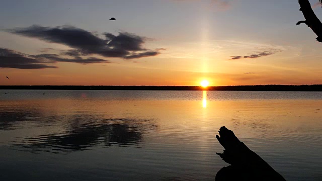 日落的湖岸景色，湖泊和天空视频下载
