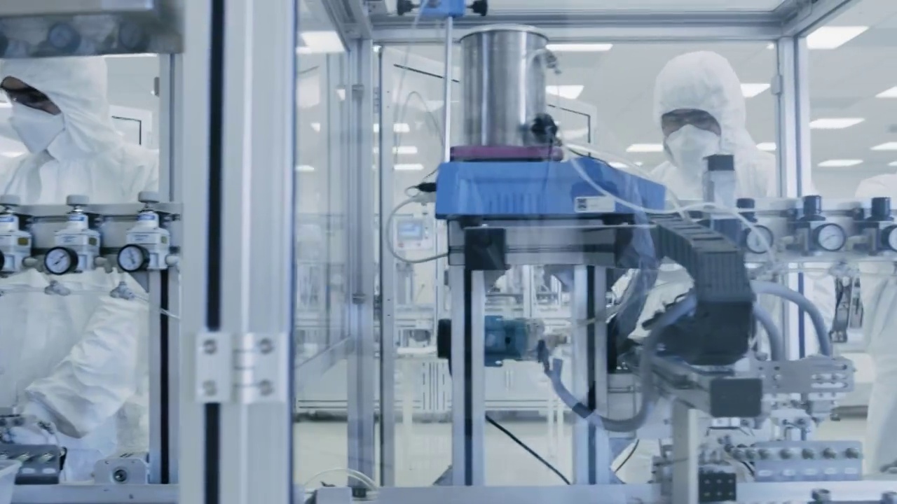 一组科学家穿着无菌防护服在现代工业3D打印机器上工作。制药，生物技术和半导体创造/制造过程从内部拍摄。视频素材