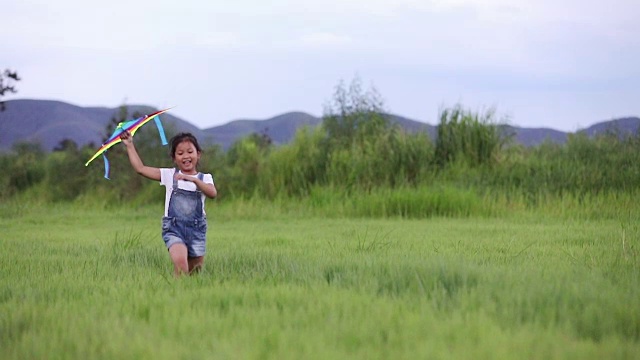 亚洲的小女孩和父亲带着风筝在夏季的草地上奔跑和快乐的大自然中，慢镜头视频素材