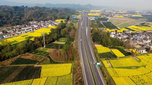 鸟瞰图的中国乡村景观在春天油菜种子盛开和村庄在高速公路视频下载