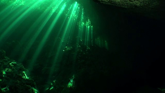 水下尤卡坦天然井洞穴中阳光的反射。视频下载