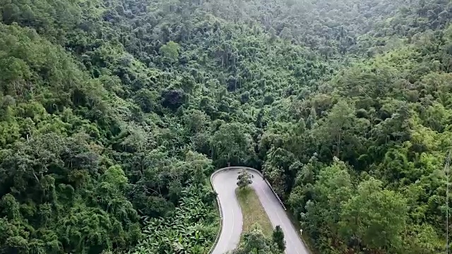 鸟瞰图的道路在森林和汽车驾驶视频素材