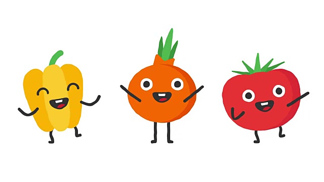 设置舞蹈蔬菜，辣椒，洋葱，西红柿。循环动画。阿尔法通道。视频下载