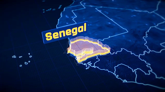 塞内加尔国家边界3D可视化，现代地图大纲，旅游视频素材