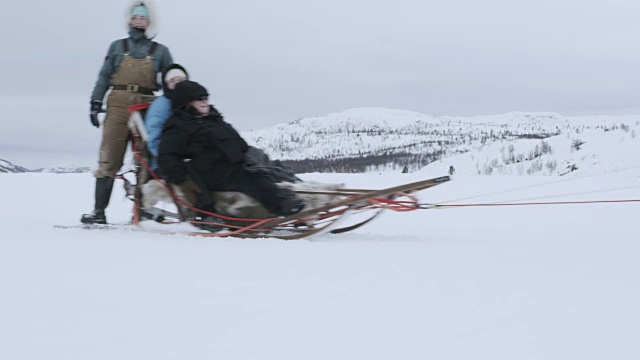 狗拉着三个坐在雪橇上的人视频下载