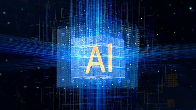 概念:用信息流可视化计算核心中的人工智能功能。方块中的黄金AI字母。视频素材