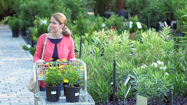 成熟的女人在植物苗圃购物视频素材