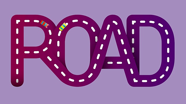 装饰平面动画渲染4K。“路”这个词，由交错的字母组成。两辆黄色和红色的小轿车在高速公路上行驶。直顶鸟瞰图。视频下载