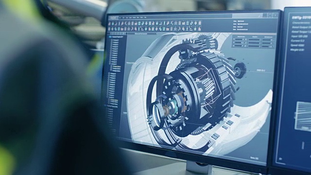 特写镜头的3D CAD模型的发动机显示在电脑屏幕上。在人们工作的背景制造工厂。视频素材