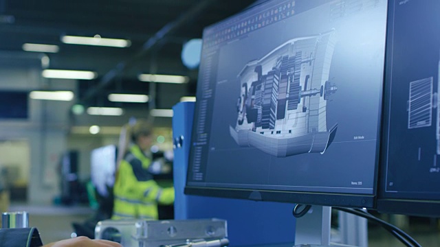 特写镜头的3D CAD模型的发动机显示在电脑屏幕上。在人们工作的背景制造工厂。视频素材