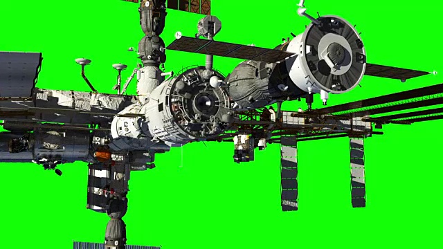 宇宙飞船与国际空间站对接。绿色的屏幕。视频素材
