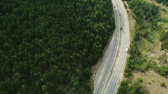 森林中树木之间的公路航拍镜头视频素材