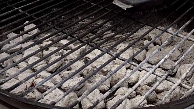 用钢丝刷清洁木炭烤架的人视频下载