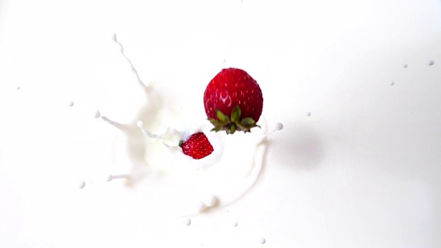 草莓落在牛奶里。缓慢的运动。视频素材