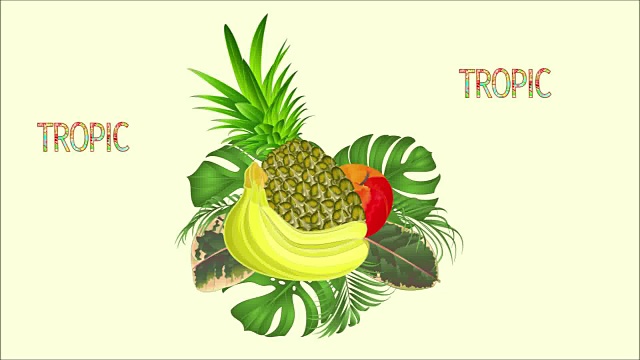 视频无缝循环热带水果，菠萝，香蕉与热带叶榕树，棕榈树，黄树佳酿视频下载