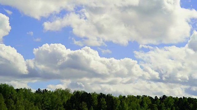 泛相机延时拍摄。白云在碧蓝的天空中飘过绿树。景观视频下载