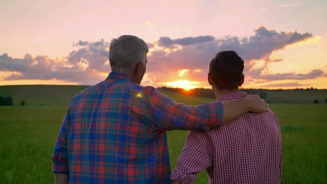 父亲抱着成年的儿子，站在麦田里看美丽的日落视频下载