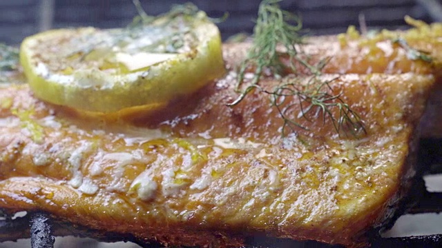 火烤架上的野生鲑鱼片配上柠檬片和香草视频下载