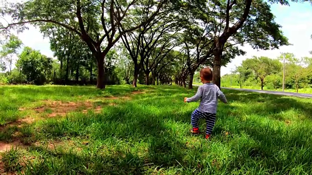 小男孩在公园里散步。视频素材